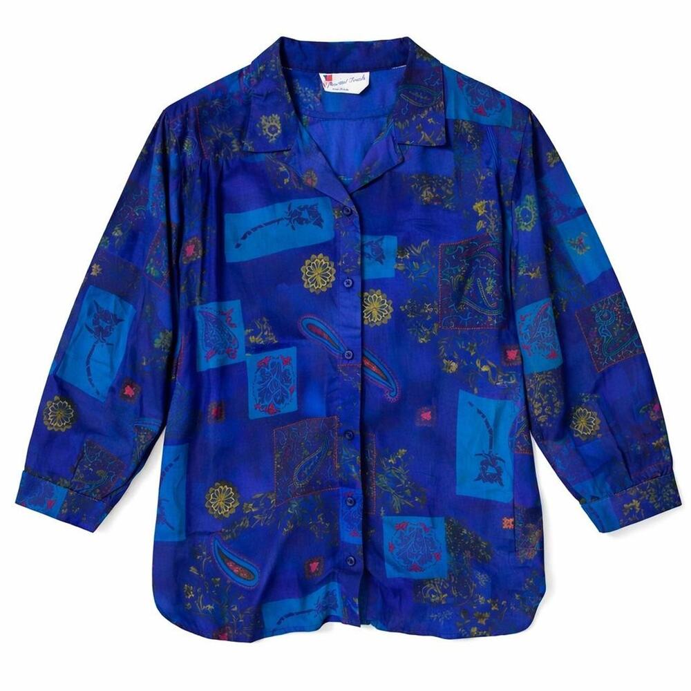 Funky Artsy Plus‎ Size Vintage Blue Tones Shirt Abstract Paisley Pattern